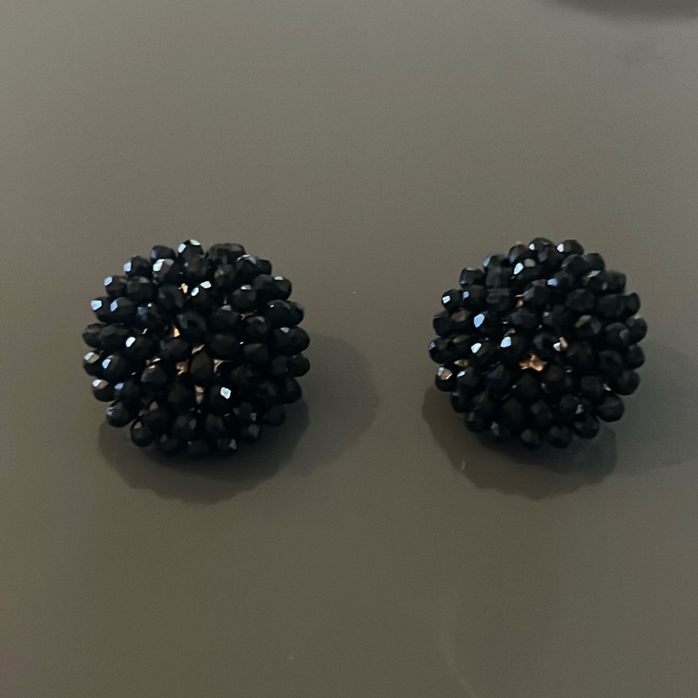 Vintage Black Crystal Bead Cluster Earrings Clip On